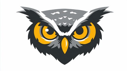 Close-up graphic of an owl's head.  Bold, stylized design.  Gray, dark gray, and yellow colors.  Sharp, intense eyes.  Detailed feathers.  Simple, flat design aesthetic