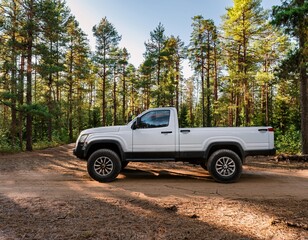 Fototapeta premium a white pickup truck is parked on a dirt road in a forest