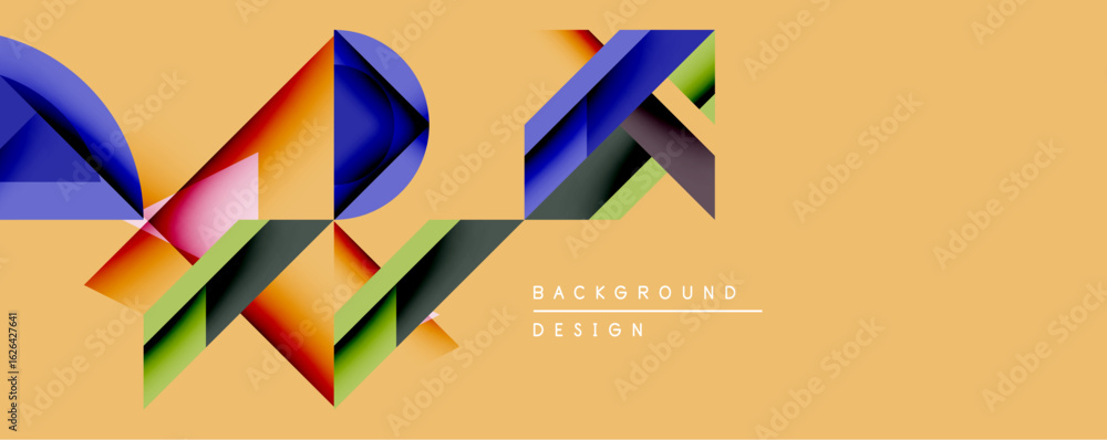 Poster abstract geometric design features colorful overlapping shapes. bright hues create dynamic compositi