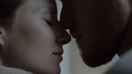 Obraz premium Close-up of a couple's faces together, a tender moment of closeness and connection, with soft lighting highlighting their features, showing affection and love.