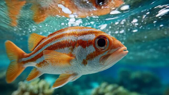 Orange striped reef fish in clear ocean