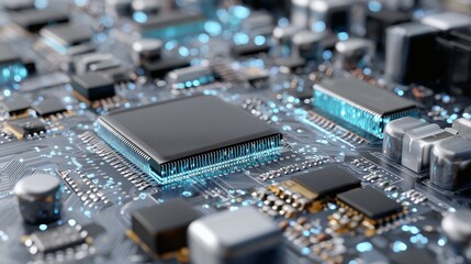 detailed circuit board with microchips and intricate wiring, glowing with electric