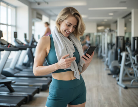 Woman in vibrant green gym outfit confidently stands in modern fitness center. Holds green water bottle, phone, checking workout progress. Treadmills, weightlifting machines in background, focus on
