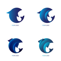Four blue gradient stylized fish or dolphin logo variations on a white background, featuring smooth curves ideal for modern aquatic or marine branding. Vector illustration