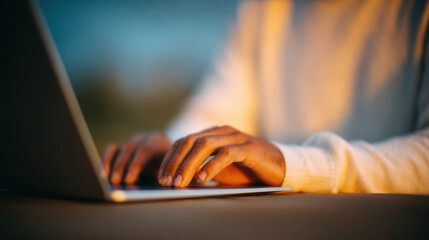 Man typing on laptop keyboard with warm light on hands, focused on work in cozy sweater during sunset outdoors
