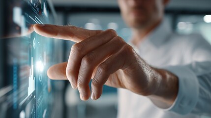 a person's hand interacting with a glowing, transparent touch screen in a futuristic office