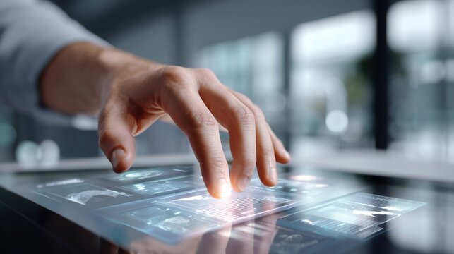 a person's hand interacting with a glowing, transparent touch screen in a futuristic office - Powered by Adobe
