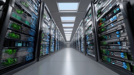 professional server room, with rows of blinking lights and cables