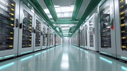professional server room, with rows of blinking lights and cables
