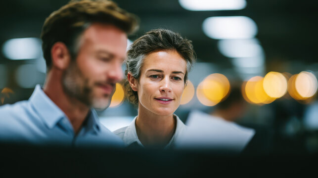 Two colleagues working together in office with blurred background lights creating focused and collaborative atmosphere
