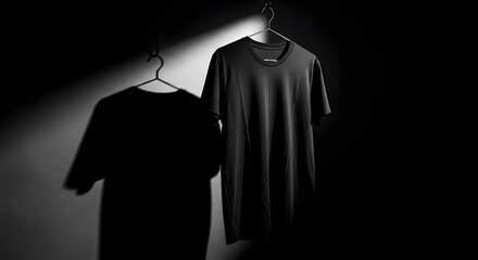 black t-shirt hanging on hanger dramatic shadow dark background