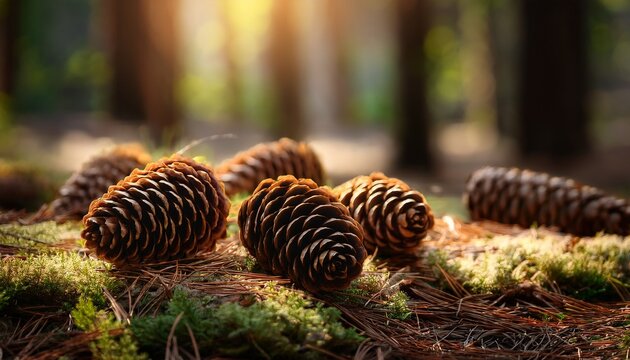 pine cones arranged naturally on forest floor with diffused sunlight illuminating the scene