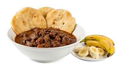 Somali canjeero with beef stew, bananas on side. Bowl of dark brown, creamy soup with croutons, white plate with sliced bananas. Meal about to served, breakfast, snack, dinner. Traditional Somali