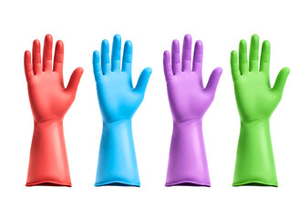 Obraz premium Five colorful rubber gloves for cleaning isolated on transparent background