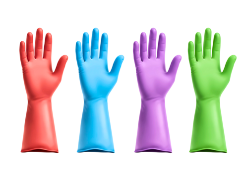 Five colorful rubber gloves for cleaning isolated on transparent background