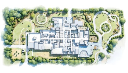Fototapeta premium Aerial view of a well-designed park landscape with various trees and shrubs. Park features pond, fountain, winding path for visitors to explore. Green plants adds depth and dimension to the scene.