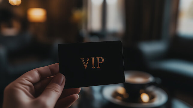 Holding a VIP card against a blurred coffee shop backdrop conveys exclusivity and luxury. The card suggests special access and a refined experience.