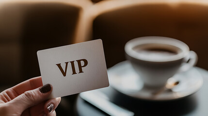 VIP card presentation with coffee. Represents exclusivity, and special treatment. Enjoying privileges with style and a beverage.