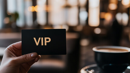 Holding a VIP card in a cafe setting. Blurred background, highlighting exclusivity. Enjoying a special experience with coffee.