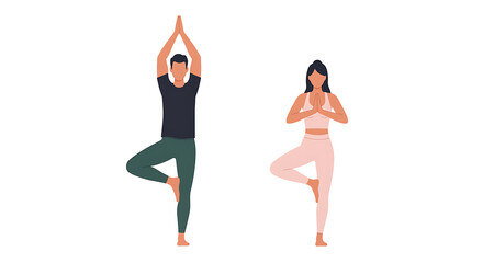 Illustration of a man and woman practicing yoga in the tree pose. A couple demonstrates balance and wellness through Vriksasana exercise. Vector graphic for health and fitness concepts.
