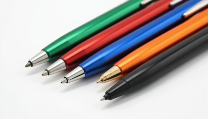 Multicolor pen set with black, green, blue pens on white background. Pens in varying sizes, styles, neatly arranged in row. Metal pens for writing, drawing, design.