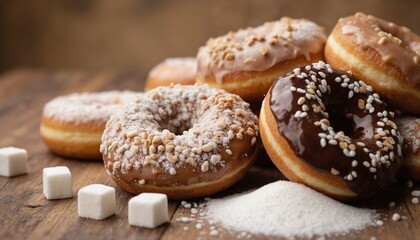 Collection of six donuts on a wooden surface. White and chocolate glazed donuts with sprinkles. Various donut types, toppings, and flavors on display.