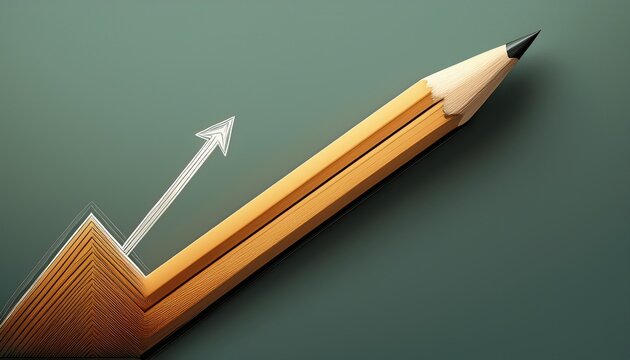 a simple line drawing of a pencil positioned at an angle with an upward arrow symbolizing creativity and progress