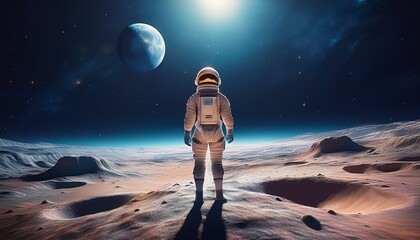 Obraz premium an astronaut stands on the surface of the moon gazing out at the vast expanse of space