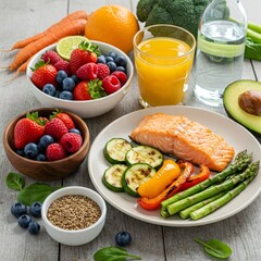 Grilled salmon with vegetables, berries, and orange juice promoting healthy eating
