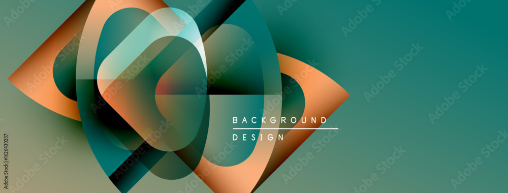 Poster abstract geometric shapes overlap, creating dynamic visual effect. teal, orange hues dominate compos