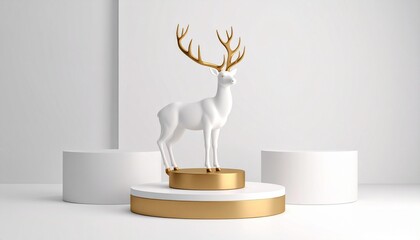 Elegant white deer statue with golden antlers standing atop a gleaming gold pedestal on a circular white base