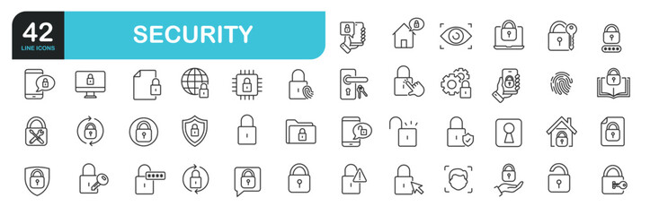 Security icons set. Web line icons collection related protection, lock, access. Editable stroke