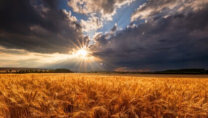 dramatic sky with sun rays breaking through dark clouds over a vast field of golden wheat powerful and evocative natural scene