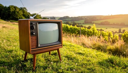 Vintage TV in a grassy hilltop landscape