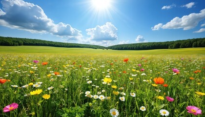 Fototapeta premium Vibrant meadow filled with various flowers. Yellow, orange, red, purple colors. Verdant forest in distance. Clear blue sky with fluffy white clouds. Radiant sun casts warm glow.