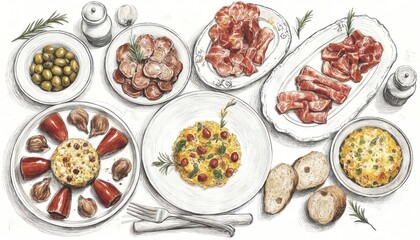 Spanish food illustration features dining table with tapas dishes. Plates with olives, grapes, ham, cheese, meat, vegetables, and pasta. Traditional Andalusian cuisine