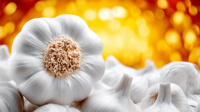 Close-up of fresh white garlic with a warm, washed-out golden background. Ideal for food blogs, recipes and healthy eating. Great for showcasing ingredients and farm products.