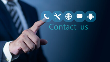 Businessman touch on virtual screen contact icons, Contact us and Customer support hotline people connect