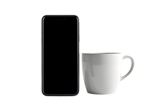 Smartphone and coffee cup on black background