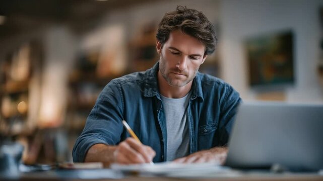 A creative professional sketches logo concepts while multitasking with a laptop and smartphone for gig platform projects.
