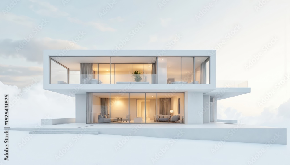 Poster modern two story white house with large windows minimalist design. flat roof with row of windows on 