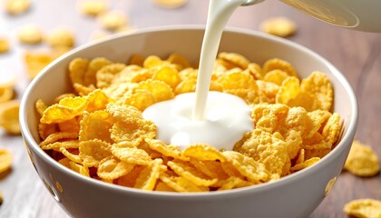 close up of pouring milk into cornflakes in a bowl