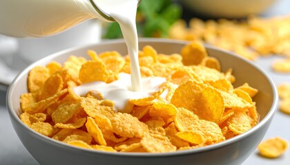 close up of pouring milk into cornflakes in a bowl