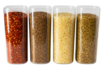 Four tall clear containers filled with different spices and grains isolated on transparent background