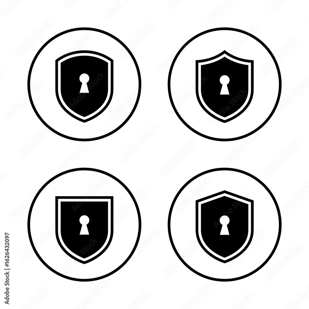 Poster security shield icon set in circular outline. lock keyhole symbol in privacy protection badge. priva