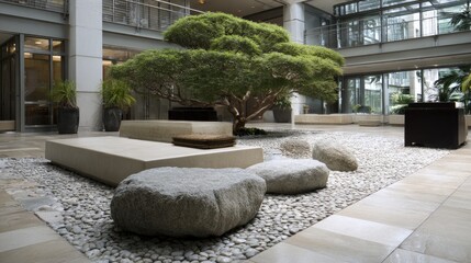 Find serenity in this modern lobby with tranquil zen garden and rock features for relaxation and inspiration