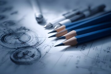 Blue pencils on blueprints.