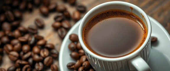 Fototapeta premium Close-up of espresso in a cup, coffee beans scattered nearby, drink, italy