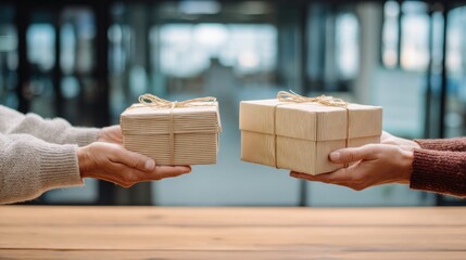 Two people exchanging handmade gift boxes wrapped in craft paper and tied with twine perfect for Christmas, New Year or seasonal gratitude visuals and winter celebration content