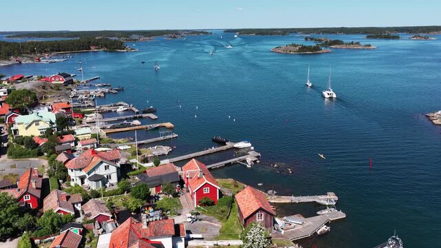 Sandhamn island in Sweden, aerial views, sunny afternoon in a fishing village in Sweden in Stockholm archipelago